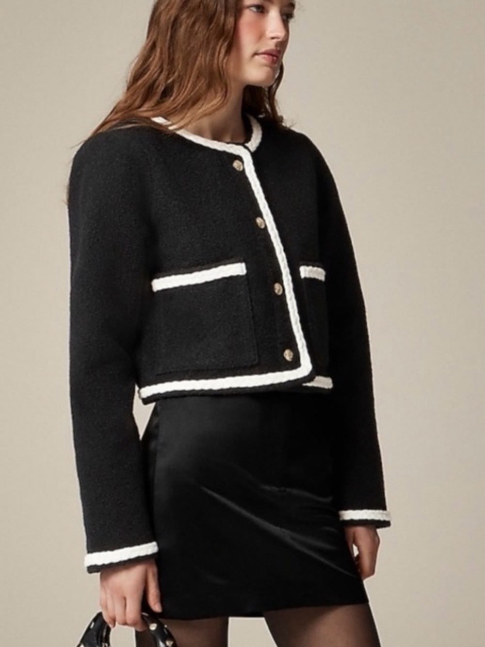 J. Crew Black Bouclé Yarn Lady Cropped Jacket with White Trim